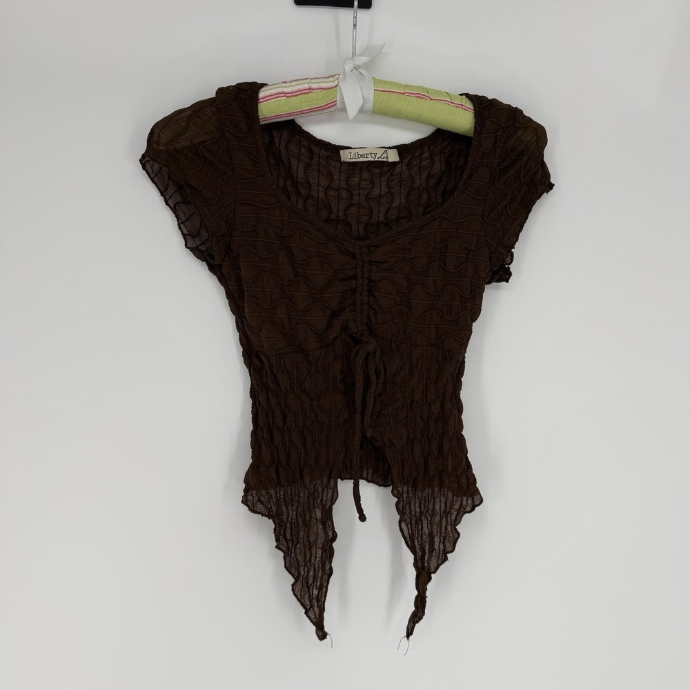 Y2K Butterfly Top XS Chocolate Brown Mesh Fairy Ruched Tie Handkerchief Hem VTG